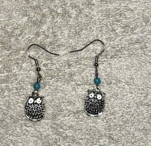 Boho Silver-Tone Turquoise Owl Dangle Earrings with